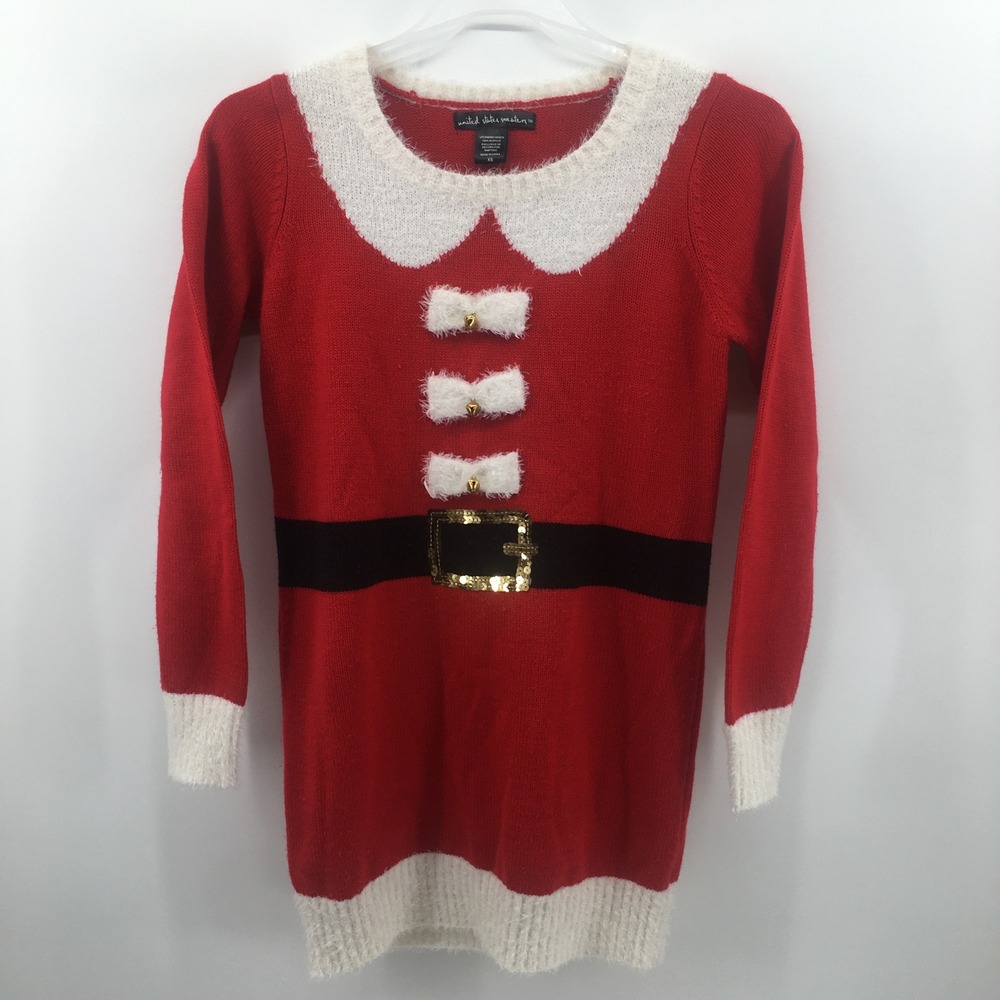 Sweater Dress Women XS Red Mrs Claus Holiday Ugly Christmas Holiday Bells Tunic